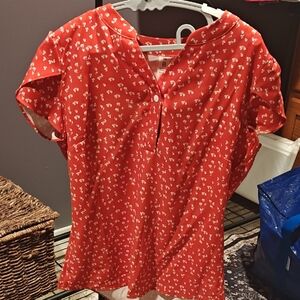 Women's Red Floral Split-Neck Blouse